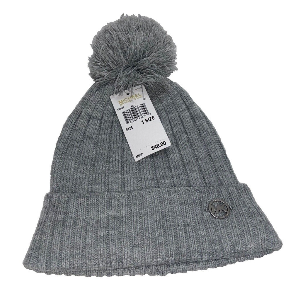 Michael Kors Cable Knit Pom Beanie Pearl Grey Heather MK Logo Cuff OSFM NWT